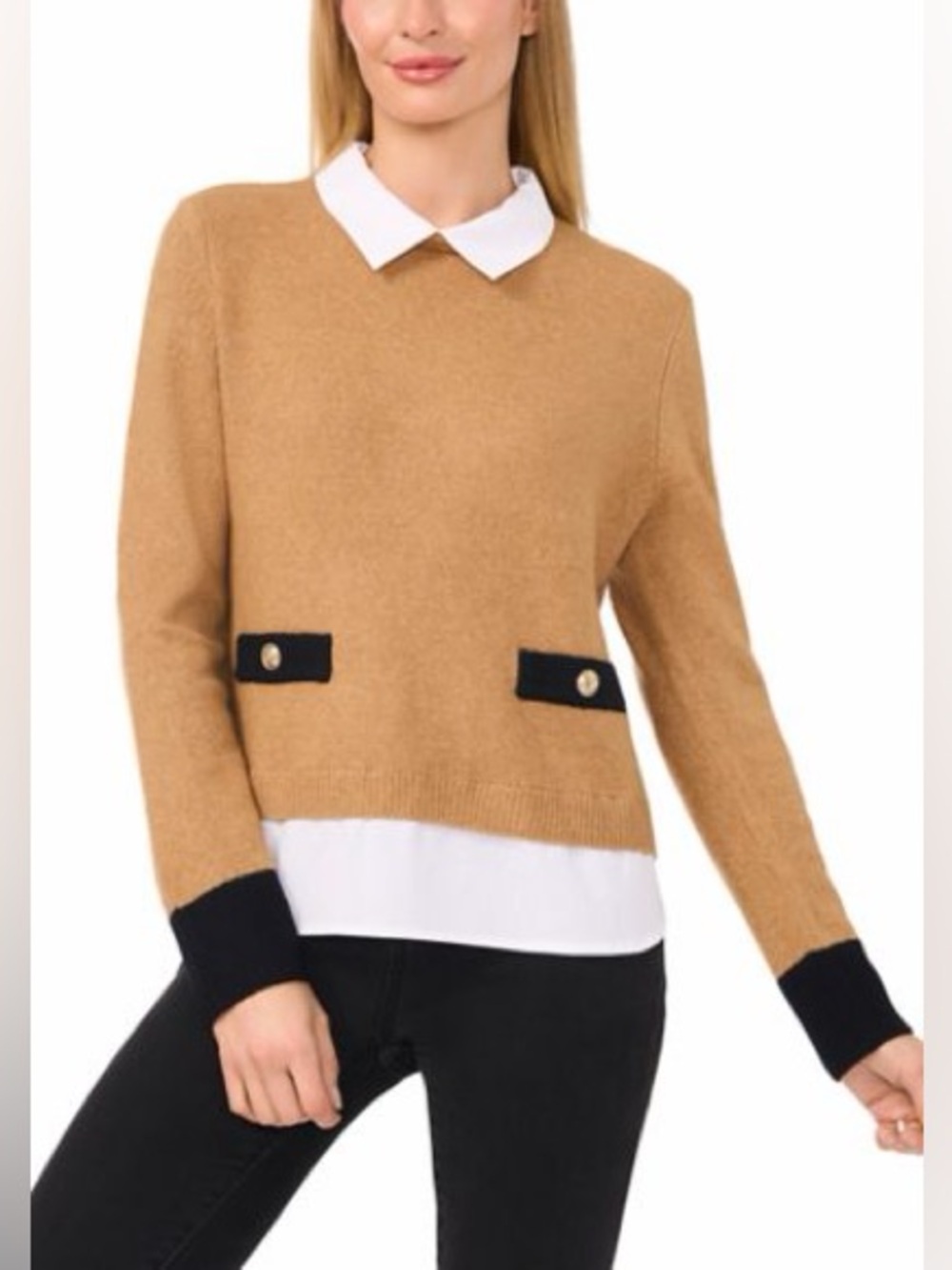 CeCe Women's Long Sleeve Tipped 2fer Sweater